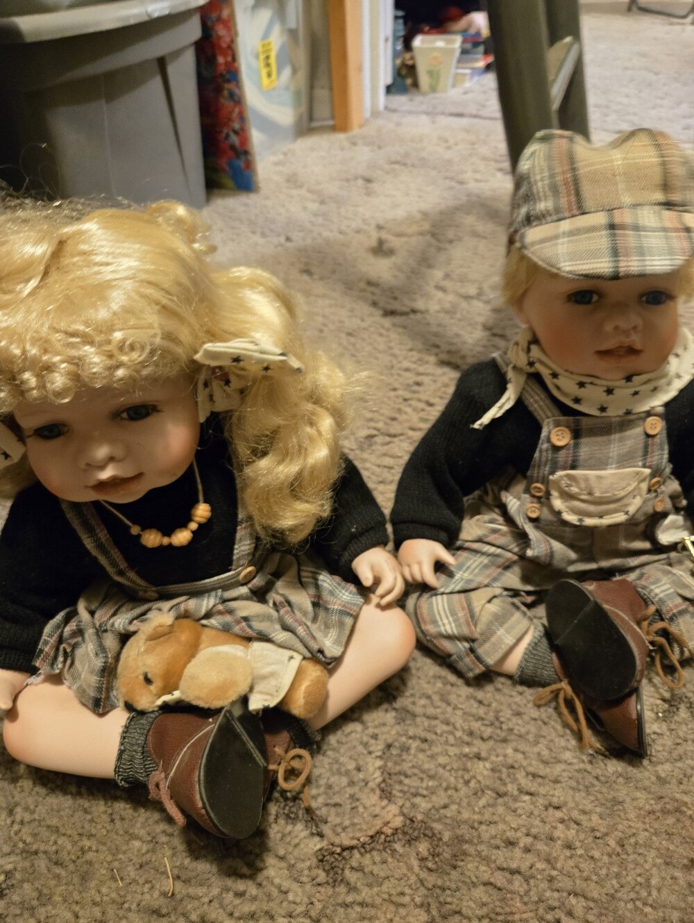 Porcelain Blonde Porcelain  Doll Pair in Plaid Outfits - Set of 2
